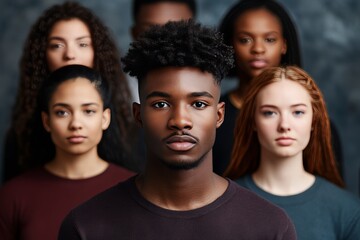 Obraz premium Diverse group of individuals standing together with serious expressions in a studio setting