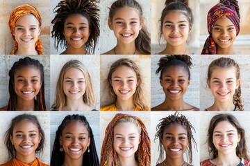 Obraz premium Diverse group of young girls smiling with vibrant hairstyles showcasing cultural beauty and unity in a bright setting