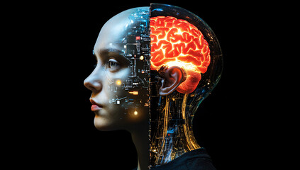 Split Half-Human and Half-Robot Head with Glowing Brain and Lights, AI Concept, Dark Background, Futuristic Design.