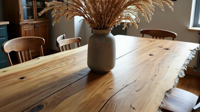 A rustic dining table adorned with dried flowers in a cozy kitchen