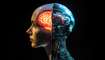 Split Half-Human and Half-Robot Head with Glowing Brain and Lights, AI Concept, Dark Background, Futuristic Design.