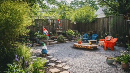 A garden with a gnome statue, blue chairs, and a red bench.