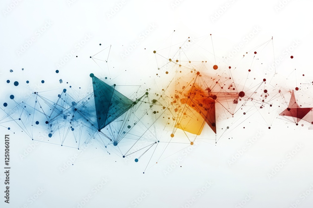 Poster colorful abstract geometric shapes and lines create a dynamic visual pattern on a light background