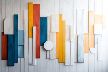 Modern abstract wall art featuring bold colors and geometric shapes in a contemporary interior...