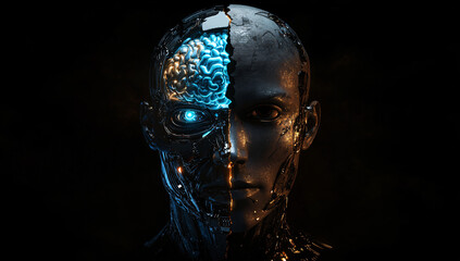 Split Half-Human and Half-Robot Head with Glowing Brain and Lights, AI Concept, Dark Background, Futuristic Design.