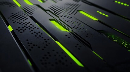 Abstract futuristic dark metal panels with glowing green lines