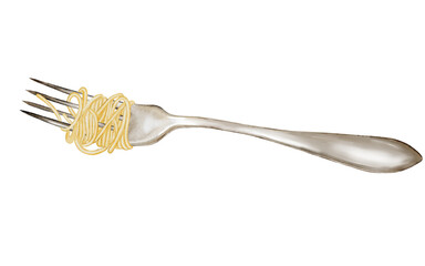 Pasta on a fork watercolor drawing. Hand drawn illustration of a metal fork with spaghetti. Clip art food. Italian pasta on a white background. Ideal for recipe books, restaurant menu posters and