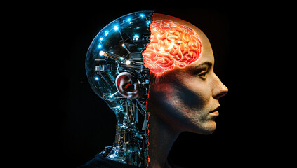 Split Half-Human and Half-Robot Head with Glowing Brain and Lights, AI Concept, Dark Background, Futuristic Design.