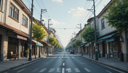 Urban Street View with Trees and Buildings under Clear Sky