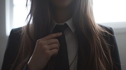 Woman adjusting her tie, symbolizing professionalism and confidence