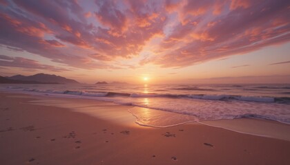 Fototapeta premium Breathtaking Sunset Over Calm Beach with Gentle Ocean Waves