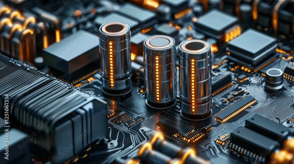 Aufkleber A computer chip with three glowing cylinders on it