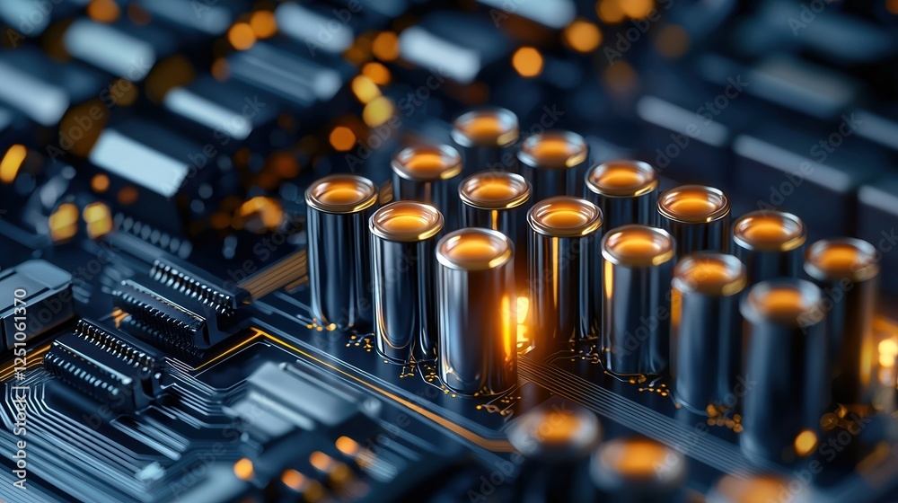 Poster a close up of a circuit board with many small metal cylinders on it