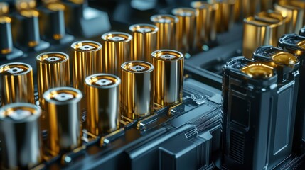 A bunch of gold colored batteries are stacked on top of each other