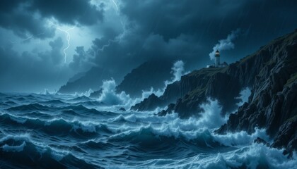 Stormy Seascape with Lighthouse Under Dramatic Lightning Sky