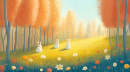 Three cartoon rabbits sitting in a sunny meadow surrounded by flowers and trees with autumn foliage. Digital illustration for design and print. Spring and Easter celebration concept.