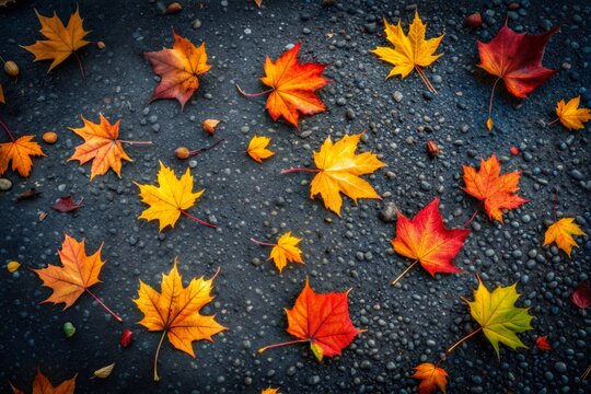 Vibrant autumn leaves scattered on asphalt road - Powered by Adobe