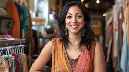 Smiling shop owner standing in her boutique, surrounded by colorful clothing on display. Small business entrepreneur in a fashionable, curated space.