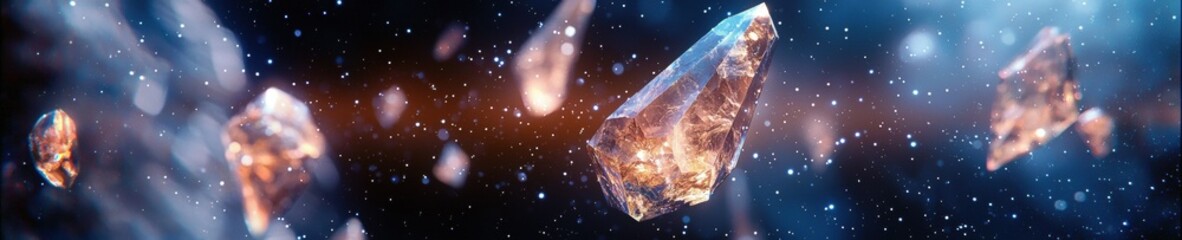 Digital illustration of a crystal in the center of a dark blue background. the crystal appears to be a large, faceted crystal with a golden-brown color and a shiny surface.