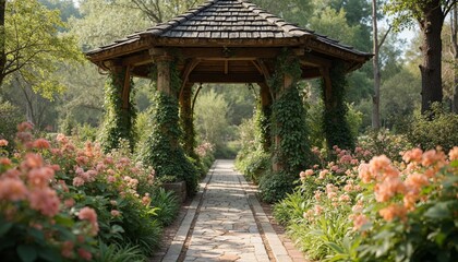 Fototapeta premium Enchanting Gazebo Retreat, A tranquil garden escape amidst blooming floral beauty