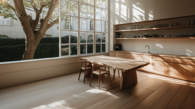 Cuisine minimaliste japonaise avec table en bois massif et grande baie vitr&eacute;e