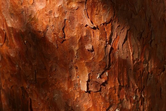 Orange brown rough texture of a coniferous tree of pine (Pinus) family, possibly Pinus Densiflora (Japanese Red Pine), partially sunlit by autumn afternoon sunshine, partially hidden in shadows.