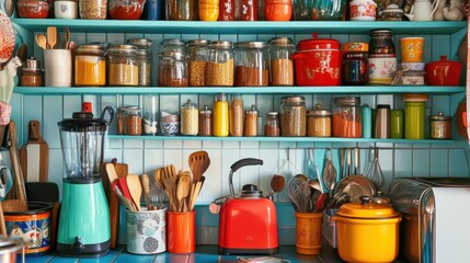 A well-organized kitchen with a blue shelf filled with various jars, containers, and utensils.