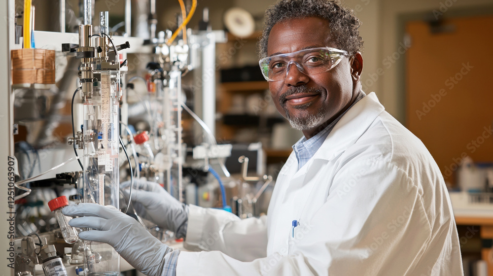 Poster A man in a lab coat is smiling and working on an experiment