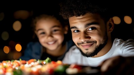 Young African American father and son sharing joyful moment while looking at colorful food plate together, warm bokeh lighting creates cozy atmosphere at dinner time.