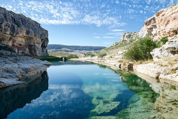 Obraz premium A crystal-clear desert lake showing perfect reflections rugged canyon walls and a blue sky