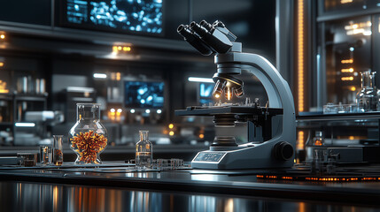 A close-up of a laboratory countertop with glassware and a microscope, emphasizing the intricate details of scientific experimentation