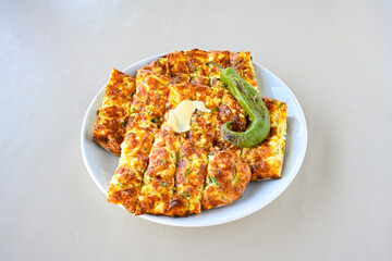 Kiymali pide. Turkish pide with minced meat. Turkish pizza mince pita Pide on white background. Etli ekmek. Kusbasi kasarli, kiymali kasarli, kiymali yumurtali, Bafra, Trabzon, Kusbasili pide.