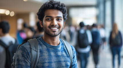 Smiling student portrait: A young man with a backpack stands in a busy school hallway, radiating confidence and readiness for his academic pursuits.