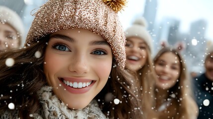 Young woman with bright smile wearing winter beanie during snowfall, friends enjoying seasonal outdoor activities in background, natural joyful expression.