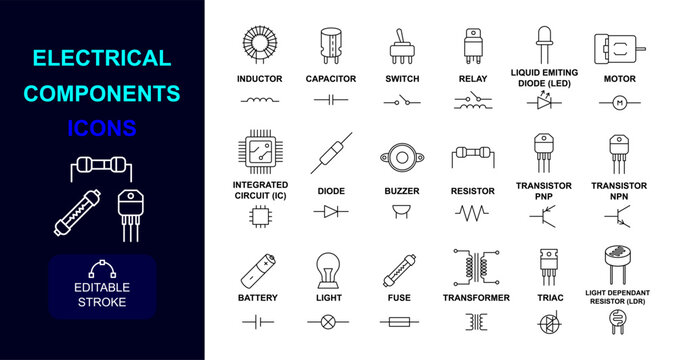 electrical components icon set editable stroke including inductor, capacitor, switch, relay, led, motor, ic diode, buzzer, resistor, pnp, npn, transistor, battery, light, fuse, transformer, triac, ldr