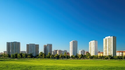 Obraz premium Green park with city skyline under clear blue sky