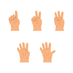 A set of vector illustrations of hands with different numbers of raised fingers, symbolizing numbers from 1 to 5. A simple and minimalist illustration suitable for children's education and infographic