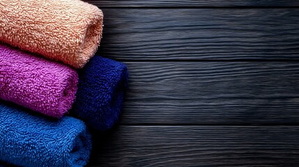 Colorful rolled bath towels on dark wooden background with copy space. Spa and wellness concept for bathroom interior, hotels and beauty salons.