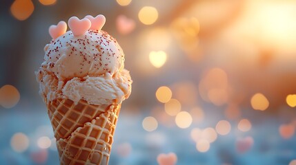 A luscious caramel ice cream cone with heart-shaped bokeh lights floating around in a gentle glow