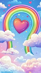 A vibrant Valentine's background with a heart-shaped rainbow, clouds, and a cheerful, colorful vibe.