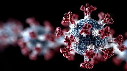 Microscopic view of coronavirus structure with red spike proteins and blue core on black background, detailed molecular visualization for medical education and research.
