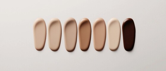 Row of six swatches of foundation or concealer in different shades of beige and brown. the swatches are arranged in a horizontal line on a plain white background.