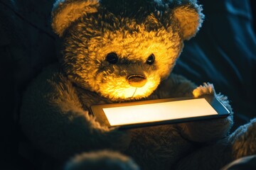 Tech Addiction in Children a teddy bear holding a tablet