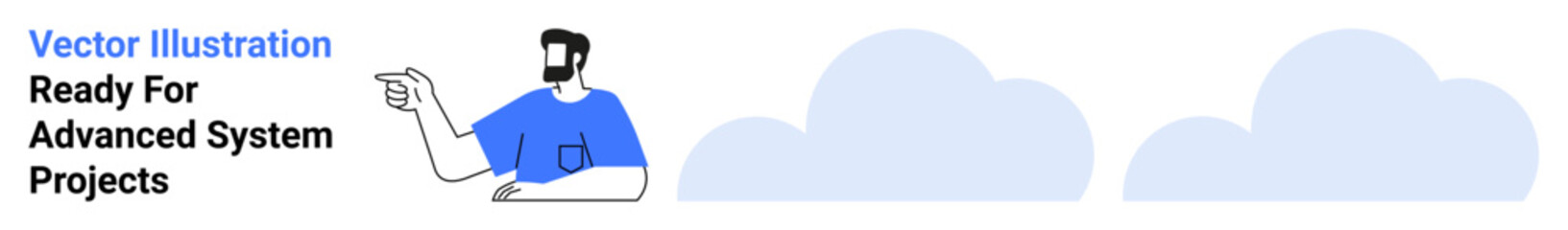 Man in blue shirt gesturing toward cloud shapes, representing technology, innovation, and system integration. Ideal for IT services, cloud computing, software development, mobile apps, modern tech