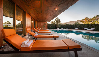 Naklejka na ściany i meble luxurious spa retreat with orange daybeds a tranquil pool and minimalist design creating a serene atmosphere