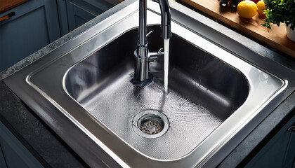 leakage and sink repairing concept water flowing in modern kitchen sink