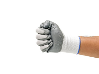 Male hand wearing safety gloves isolated on white background