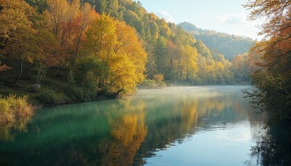 Fototapeta premium Autumn's Embrace, A Serene Lake Reflecting the Season's Golden Hues