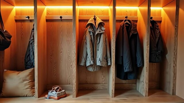 Stylish wooden entryway with illuminated cubbies and coats