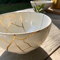 A close-up of a beautifully repaired ceramic bowl using the Japanese art of Kintsugi, where golden lacquer highlights the cracks, embracing the philosophy of imperfection and resilience